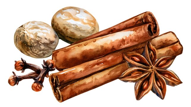 Watercolor spices including cinnamon sticks nutmeg and star anise