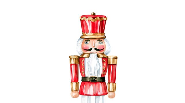 Watercolor nutcracker figurine in red uniform on white background