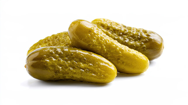 transparent pickled cucumber spears on white background