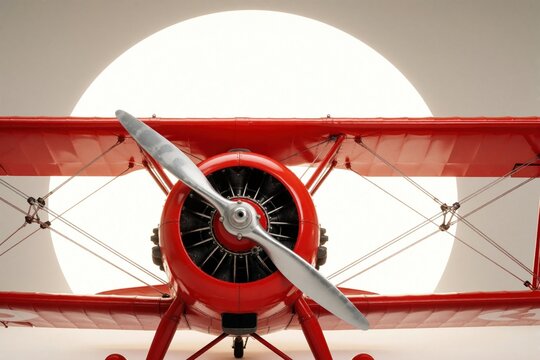 Red vintage biplane aircraft flies toward viewer. Front view of classic propeller plane against large white sun circle. Retro aviation model shows metal engine detail, wings. Old style aero transport