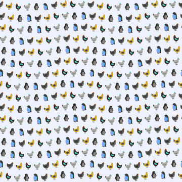 Seamless pattern of cartoon chickens and penguins