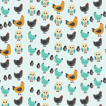 Seamless pattern of cartoon chickens, owls, and penguins