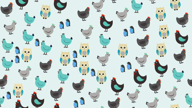 Seamless pattern of cartoon chickens, owls, and penguins
