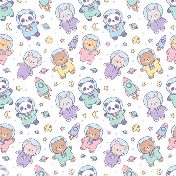Cute pastel seamless pattern with baby astronaut animals panda rabbit bear and cat in space, Generative AI