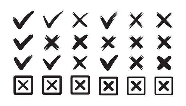Black grunge check marks and cross symbols in square frames for manual marking and error tracking.
