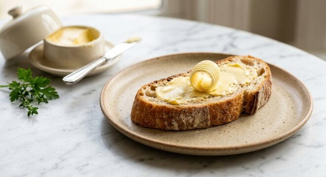 Fresh slice of toasted sourdough bread with a rich yellow butter curl on a rustic ceramic plate, elegant breakfast setting on marble table with morning light and a butter dish background.