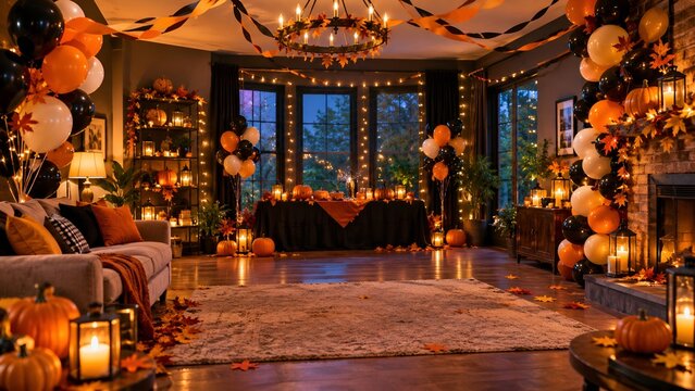 Halloween Party Celebration with Pumpkins Balloons and Warm Lights