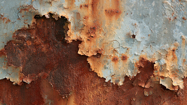 Corrosion peels away in thick flakes from a deteriorating steel panel.