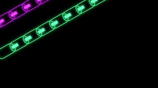 Glowing green and purple blockchain links move across a dark background