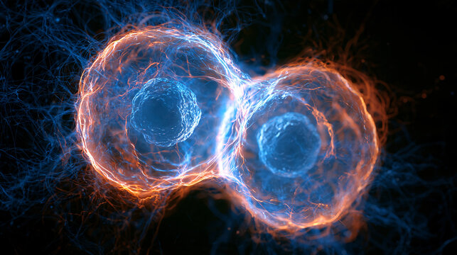 Microscopic cells undergoing binary fission with glowing blue and orange plasma energy fields.