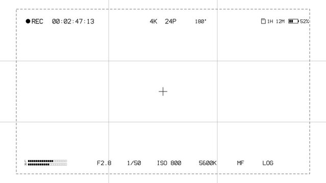 Black video camera recording overlay with REC timecode, audio meters and grid on transparent background