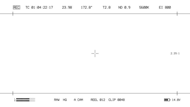 Black cinema camera monitor overlay with widescreen frame guides and timecode on transparent background