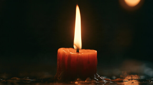 Candle burning with steady flame upon dark background surface.