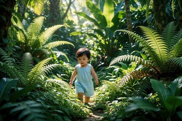 Fototapeta premium Little toddler girl walks through tropical garden. Adventurous child explores dense green jungle with big fern leaves. Sunny summer day in wild forest park. Young kid discovers nature plants, exotic