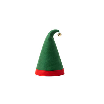 Green and red elf hat with bell isolated on transparent
