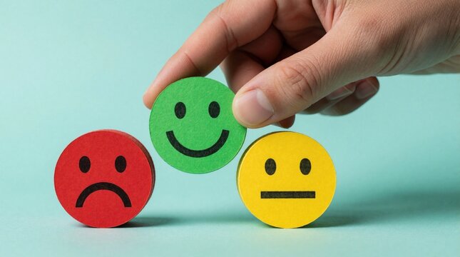 Human hand picks green happy face emoji from three colored emoticon icons. Person chooses positive feedback option among sad red, neutral yellow faces. Customer selects rating for service quality