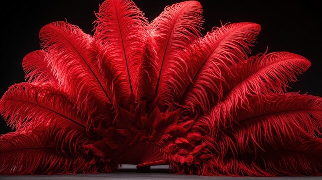 Large vibrant red feather fan opens on black surface. Feathers create dramatic shape and texture display. Accessory symbolizes show glamour and theatrical art.