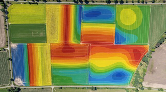 Aerial view of agricultural fields with colorful, digital heatmap overlays indicating varying data intensities across the farmland sections.