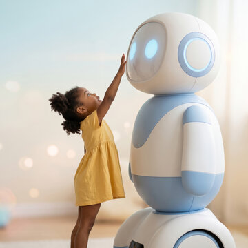 Young girl looking at a friendly robot companion in a sunny room, representing childhood curiosity and the future of educational technology.