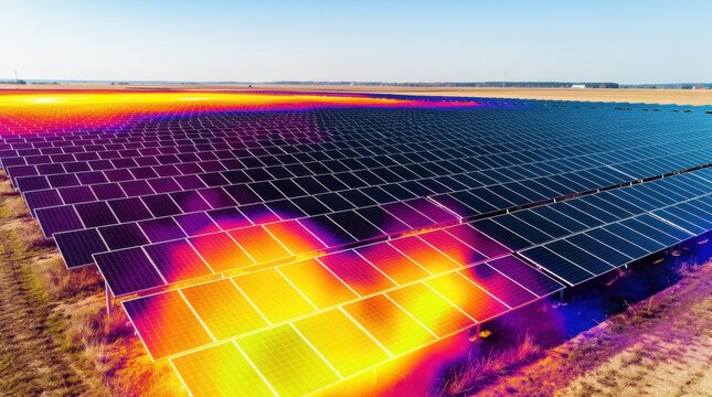 A large solar farm with rows of solar panels displayed with a thermal heat map overlay showing varying temperatures across the panels.