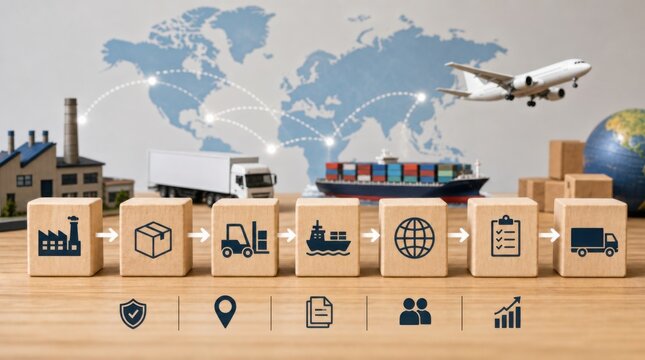 Supply chain and logistics concept showing transportation modes and process flow with icons and a world map background.