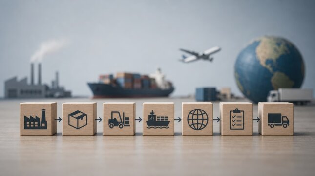 A sequence of wooden blocks illustrates the global supply chain process, from factory production to delivery, with a ship, plane, and globe in the background.