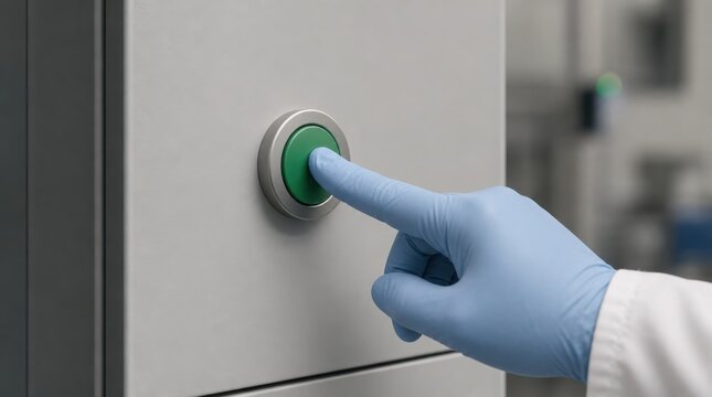 A gloved hand presses a green button on a control panel in a clean, industrial or laboratory setting.