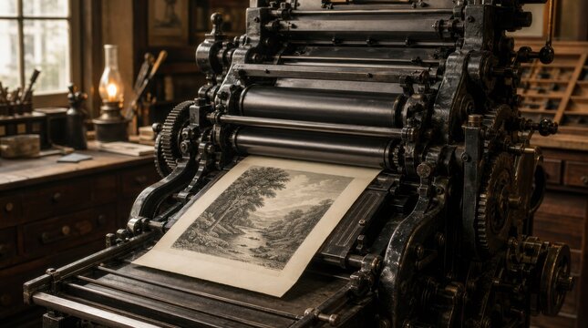 A vintage printing press produces a detailed black-and-white landscape print in a classic, rustic workshop setting.