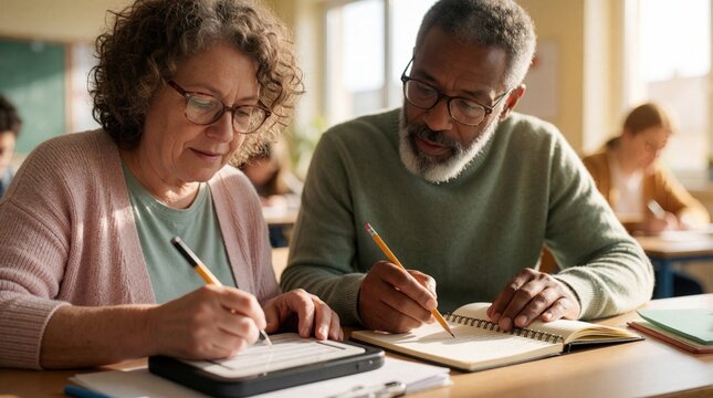 Senior woman with disability studies using digital tablet, adaptive tools. Male tutor helps elderly student with learning tasks in classroom. Adult learner reads book, writes notes during private