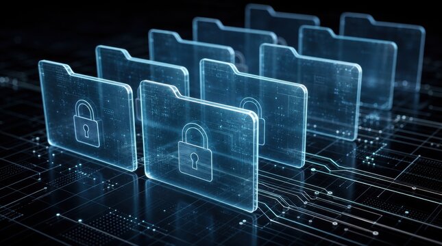 Digital folders with lock icons represent secured data storage and cybersecurity in a futuristic, high-tech environment.