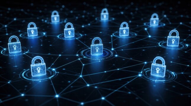Digital network with glowing padlocks representing secure data connections and cybersecurity in a futuristic virtual environment.