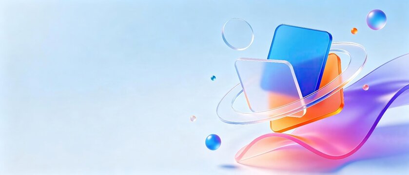 Abstract modern 3d composition with transparent gradient rectangular cards, floating spheres and colorful wavy base on soft light blue background for creative tech business presentation