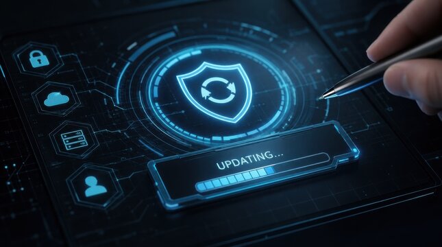 A digital interface displays a security shield icon and an updating progress bar, indicating a cybersecurity or system update process.