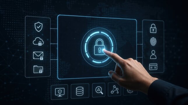 A person interacts with a digital security interface, highlighting cybersecurity and data protection concepts with futuristic icons and a glowing lock symbol.