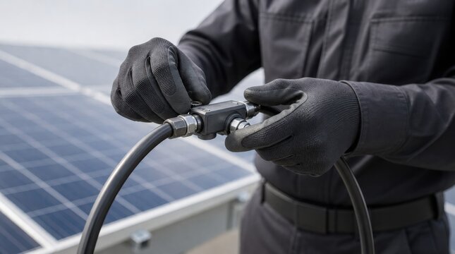 A technician in black gloves connects cables near solar panels, emphasizing clean energy and sustainable technology installation.