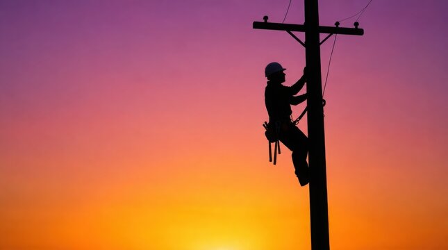 A silhouette of a utility worker climbing a telephone pole against a vibrant orange and purple sunset sky.