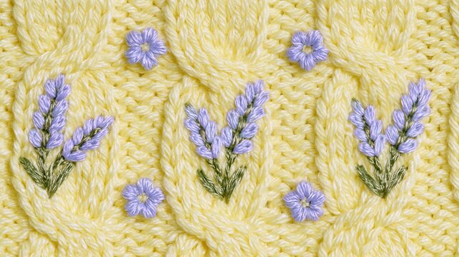 Macro close-up of a cozy cream yellow cable-knit woolen sweater embellished with embroidered purple flower motifs