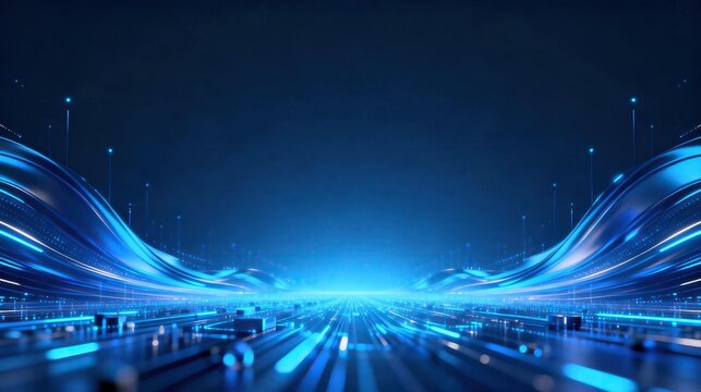 Modern abstract dark blue technology background with glowing flowing wavy lines and perspective light road perfect for digital business presentation