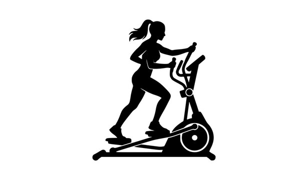 Black vector silhouette illustration of a woman training on elliptical machine for cardio workout live performance arts