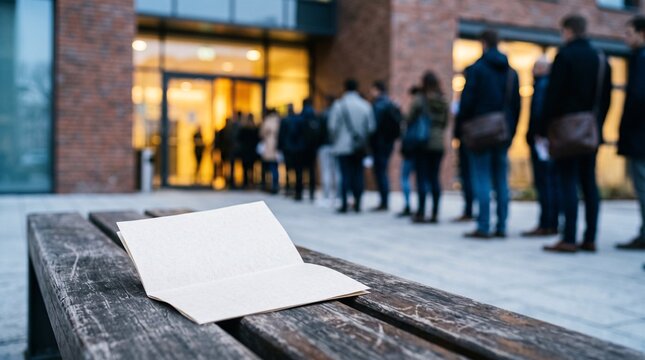 Blank folded paper document resting on a park bench with a blurred queue of people waiting