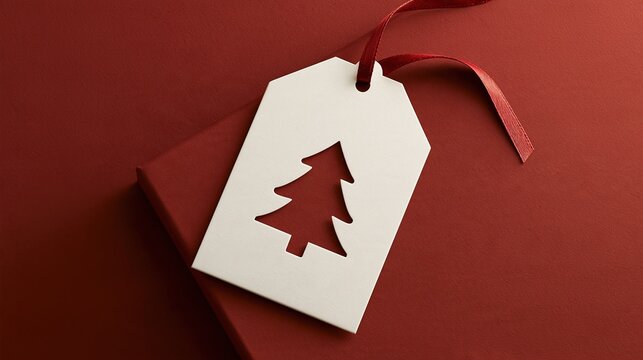 Minimalist white paper gift tag with cutout christmas tree shape on solid red paper background with red ribbon for holiday gift wrapping