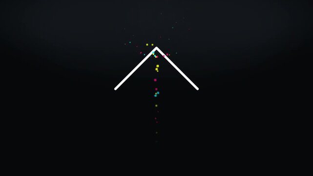 A modern 2D download icon animation featuring falling data particles that transform into colorful pixels and create a glowing digital file.