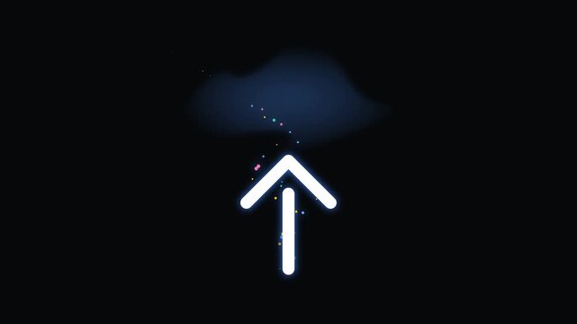 A clean 2D download animation where fast-falling data particles transform into colorful pixels and form a glowing digital file.