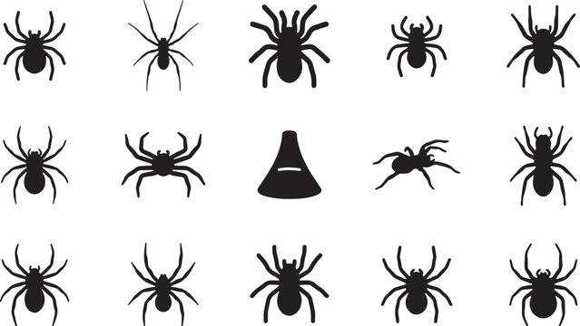 A collection of black spider silhouettes and a triangular web shape against a white background arachnid arthropod creature design eight-legged halloween insect isolated leggy