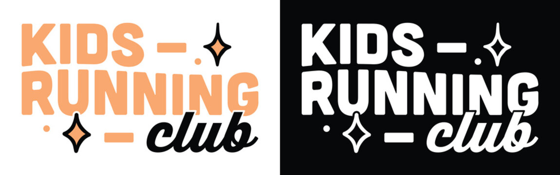 Kids run club logo children running group lettering for youth marathon boys and girls community shirt design print. School race banner invitation card black and white vintage groovy aesthetic poster.