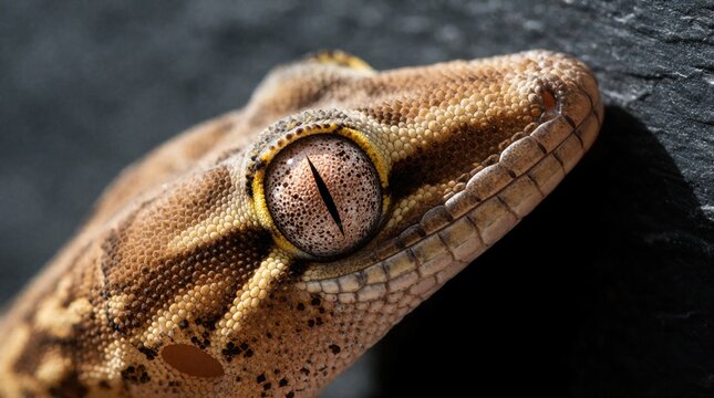 Macro shot of common house gecko head. Close up shows detailed skin texture, scales. Reptile with large eye, dark pupil looks forward. Small exotic lizard lives in tropical climate on dark surface.