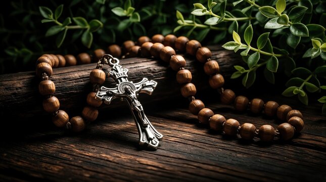 Wooden rosary beads with silver crucifix lay on dark old timber. Catholic prayer beads with metal cross sit near green leaves. Christian religious object for meditation, spiritual devotion in church.
