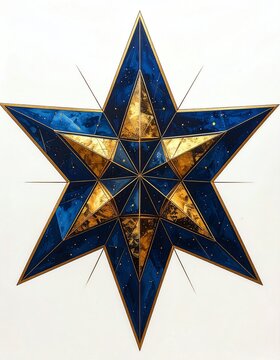 Geometric Golden Starburst with Deep Blue Accents on White Background