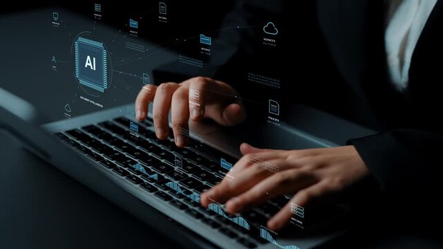 Hands type on a laptop. Connected document processing links information sources with workplace activity, using AI organization and controlled access to support business collaboration.