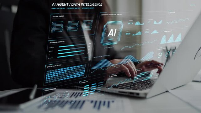 A woman works on a laptop. An AI monitoring workspace connects live data streams with query performance, showing how analytics and telemetry inform operational decisions.